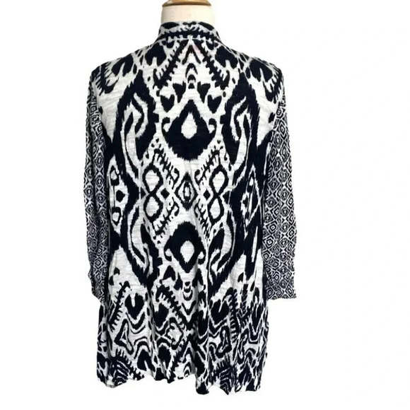 Ruby Rd. L black & white boho print cotton rayon blend open cardigan kimono - Picture 3 of 4